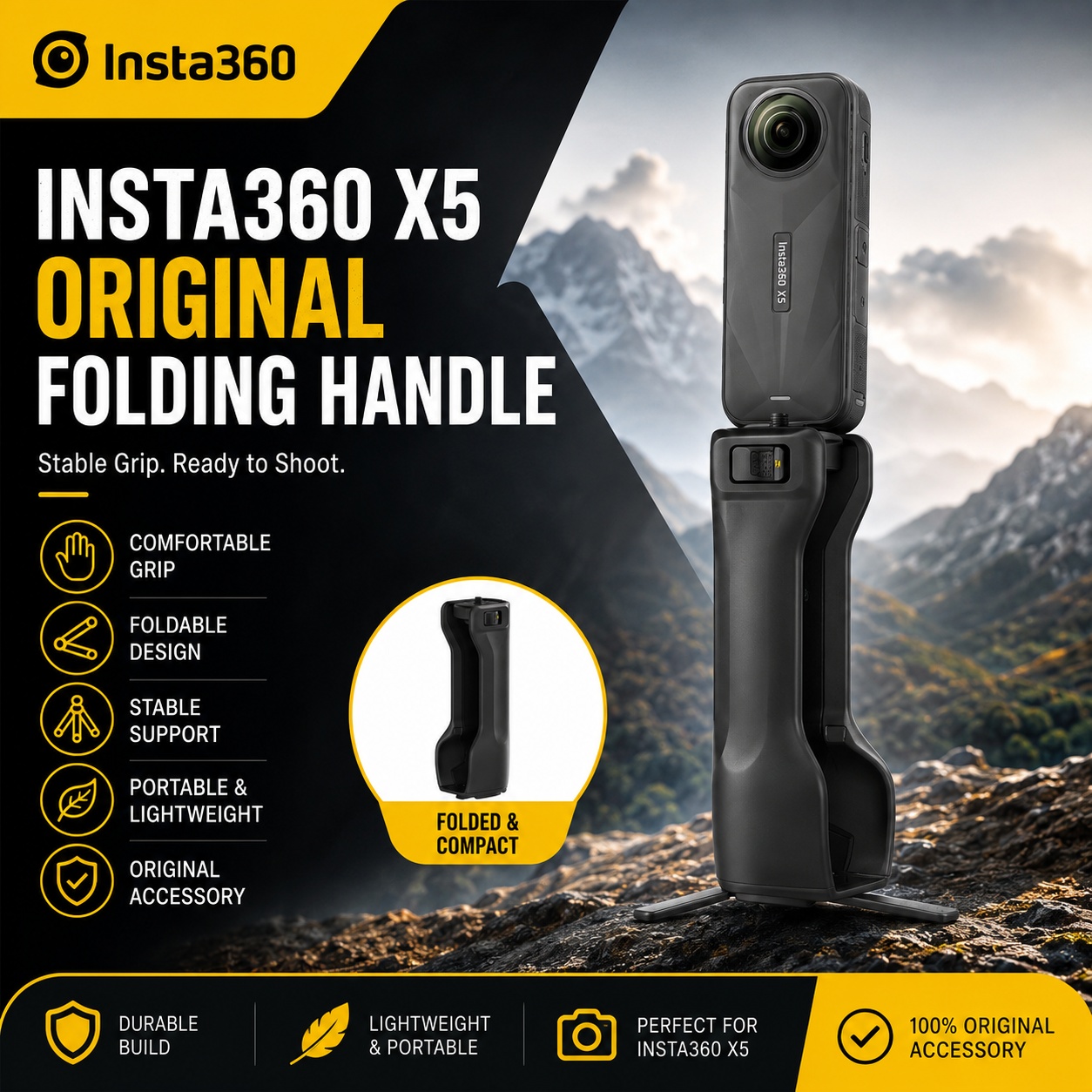 Photography Grip Insta360 X5 - Opvouwbare handgreep voor Insta360 X5 Lichtgewicht